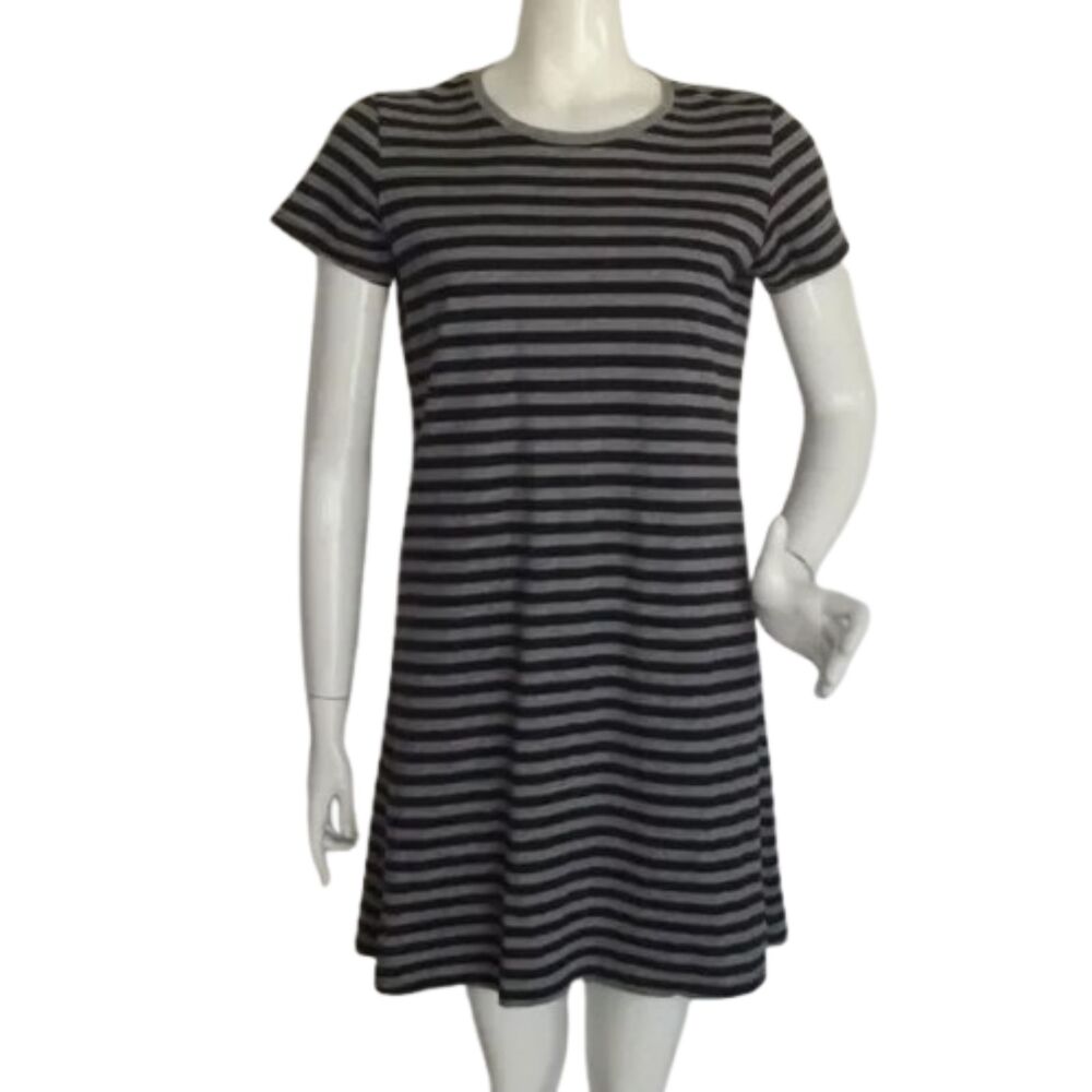 LIFE IS GOOD Dress, M, Black/Gray stripes, Short sleeve, T-shirt style, Mini
